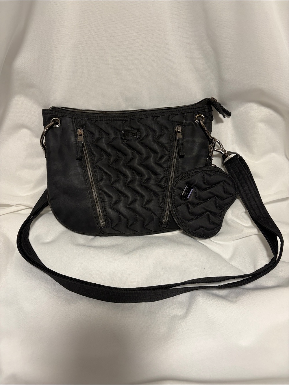 Lug Swivel Quilted Crossbody Bag with Coin Pouch - Black